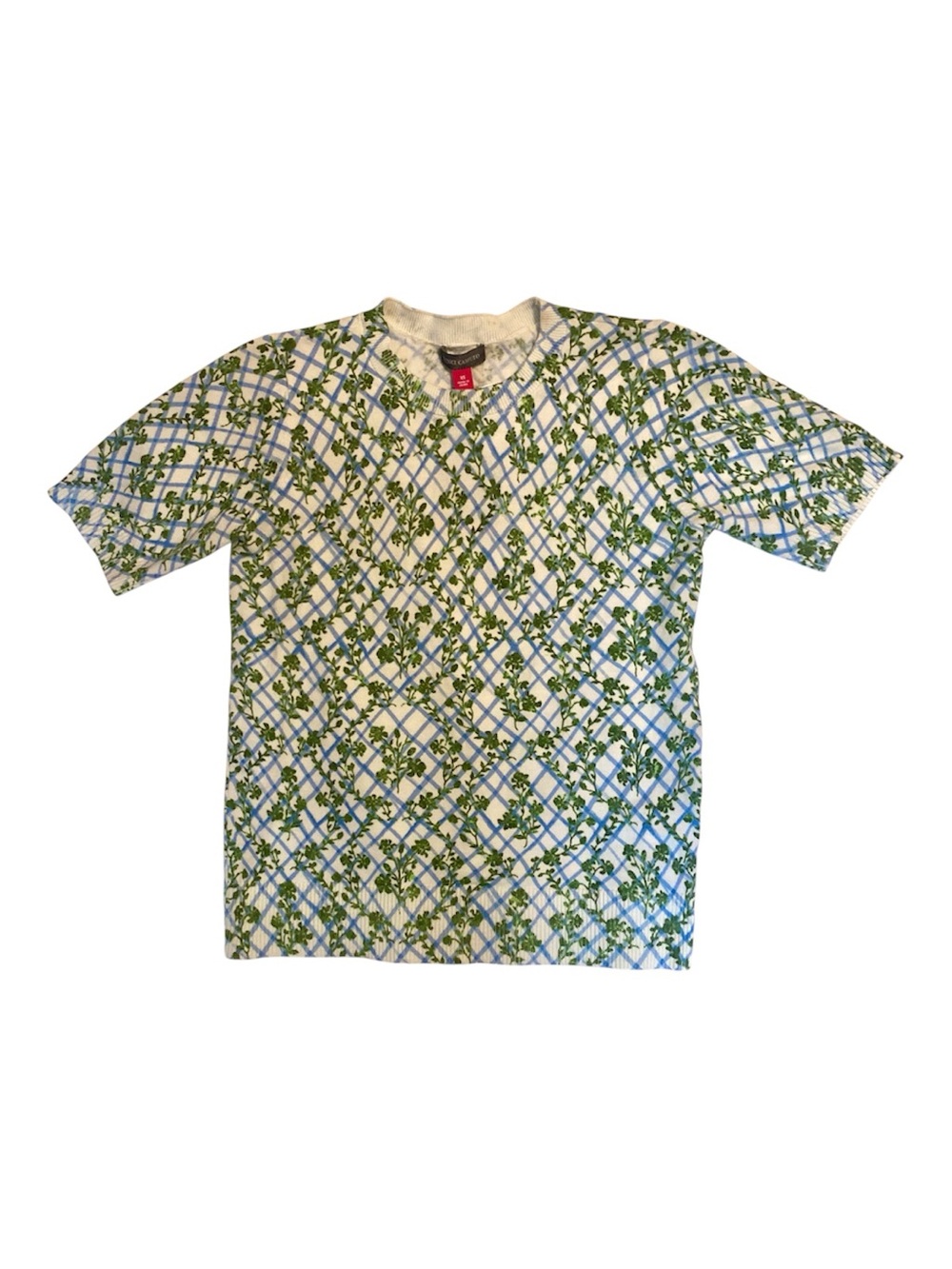 NWT Vince Camuto White Crewneck Short Sleeve Sweater Green Vine Blue Lattice XS